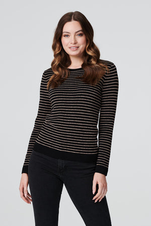 Black | Striped Metallic Knit Top : Model is 5'9"/175 cm and wears UK8/EU36/US4/AUS8