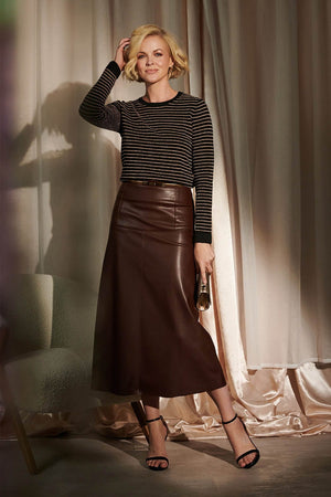 Brown | Faux Leather High Waist Midi Skirt : Model is 5'10