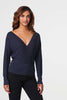 Navy | Metallic Wrap Front Knit Top : Model is 5'10