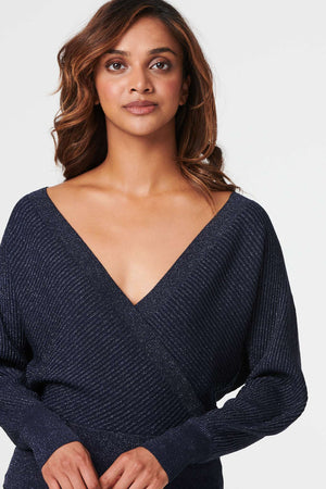 Navy | Metallic Wrap Front Knit Top
