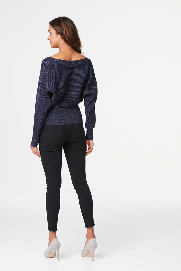 Navy | Metallic Wrap Front Knit Top
