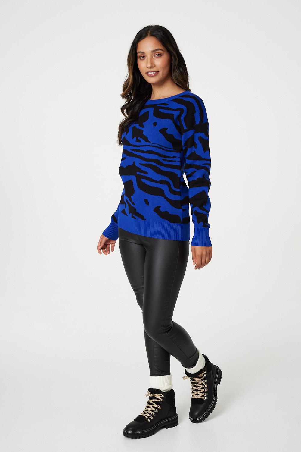 Blue | Printed Cropped Knit Pullover
