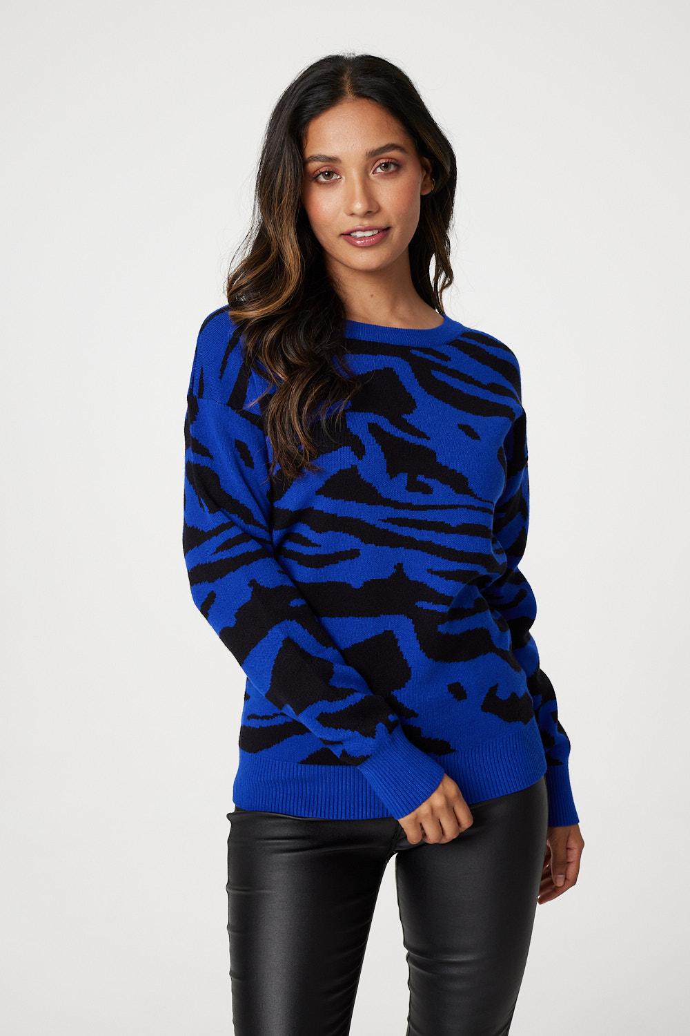 Blue | Printed Cropped Knit Pullover