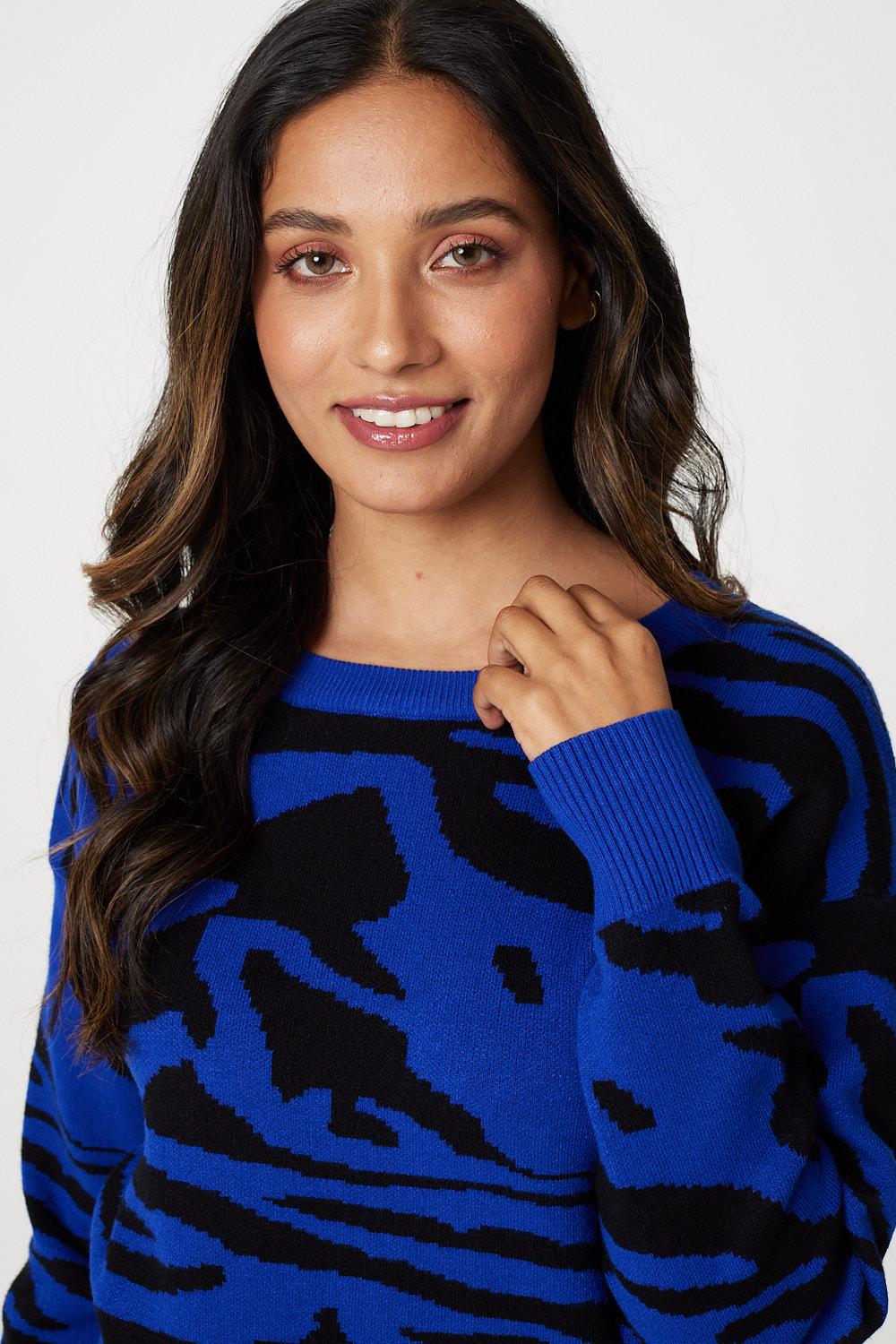 Blue | Printed Cropped Knit Pullover