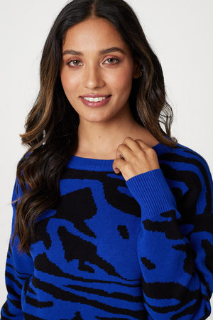 Blue | Printed Cropped Knit Pullover