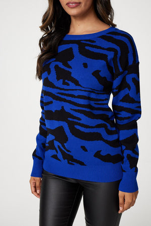 Blue | Printed Cropped Knit Pullover