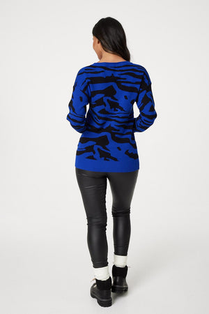 Blue | Printed Cropped Knit Pullover