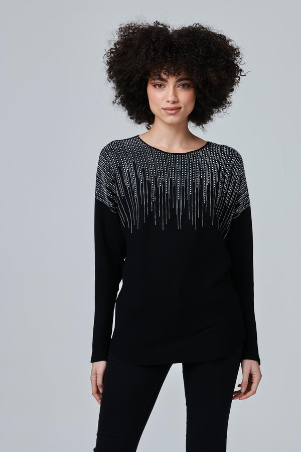 Black | Embellished Neckline Knit Top