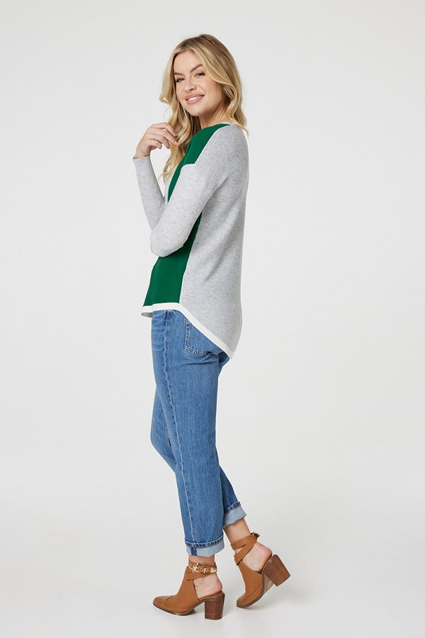 Green | Colour Block Curve Hem Knit Top
