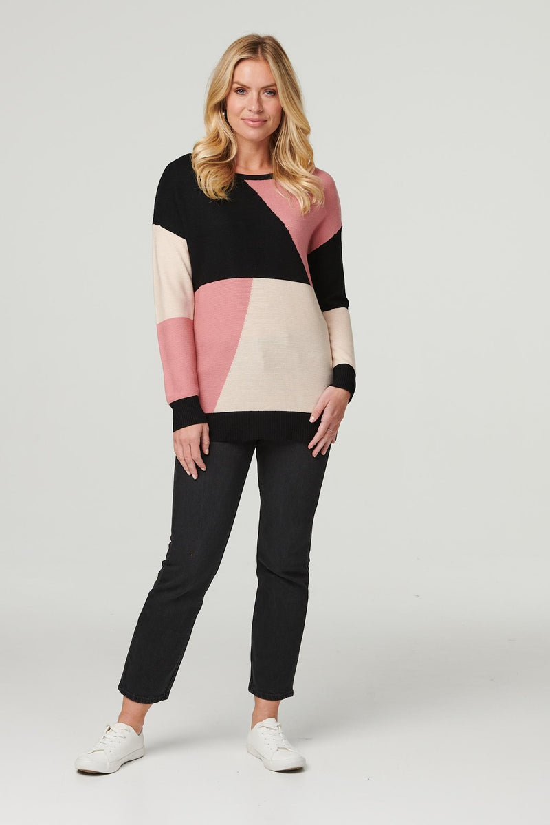 Pink | Colour Block Longline Knit Jumper
