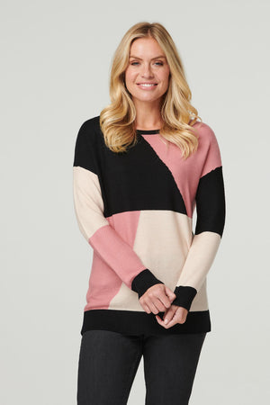 Pink | Colour Block Longline Knit Jumper