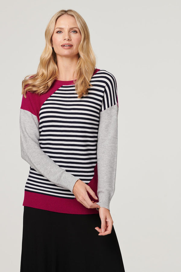 Pink | Striped Colour Block Knit Jumper