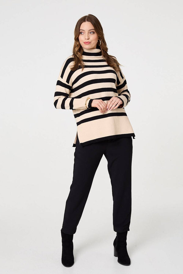 Beige | Striped Relaxed Roll Neck Jumper
