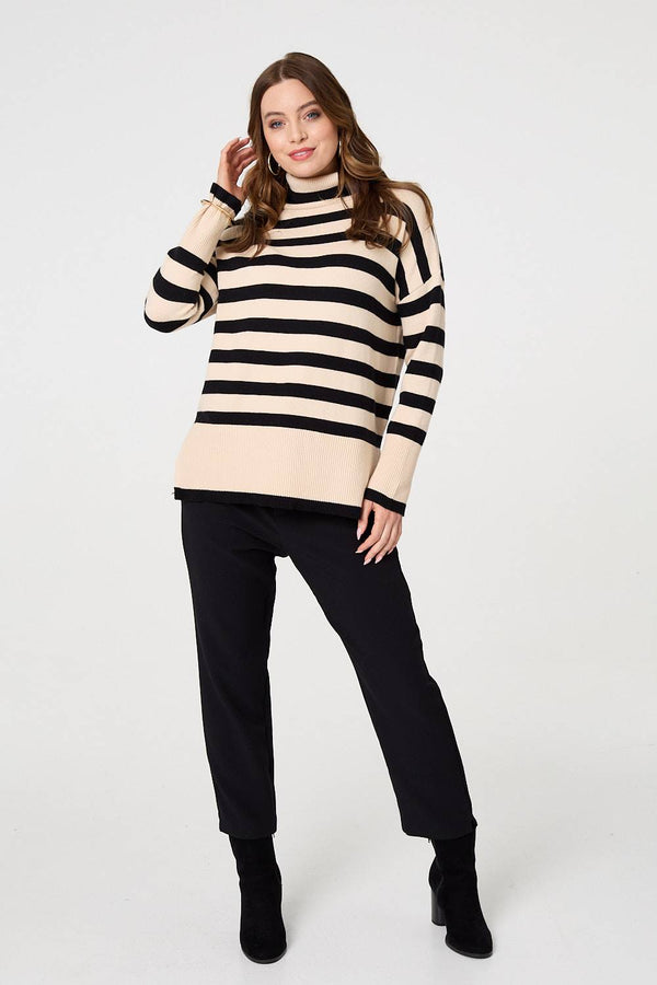 Beige | Striped Relaxed Roll Neck Jumper
