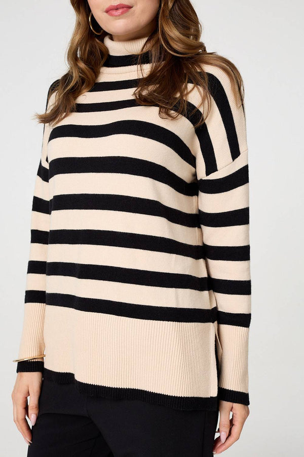Beige | Striped Relaxed Roll Neck Jumper
