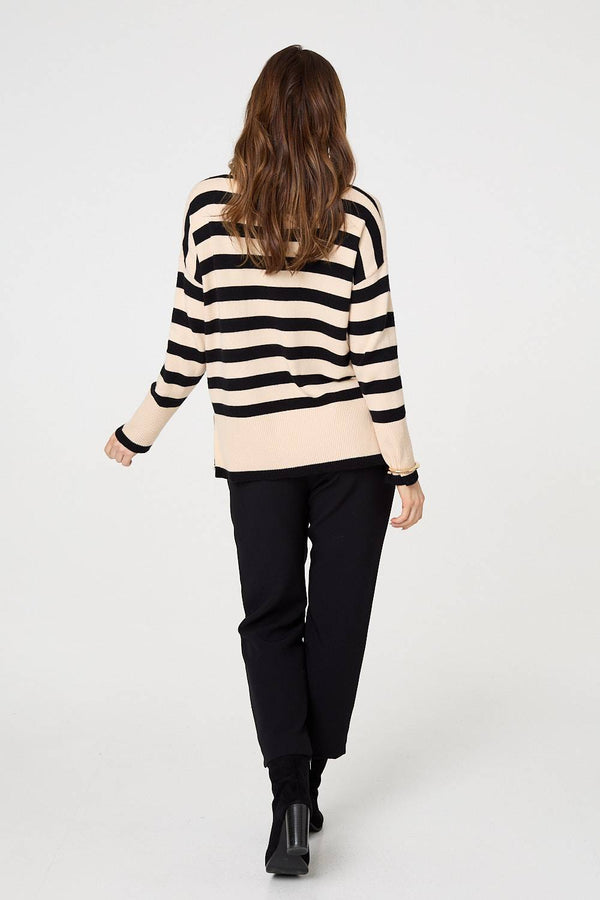 Beige | Striped Relaxed Roll Neck Jumper
