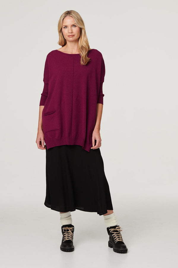 Purple | Boat Neck Pocket Detail Knit Top