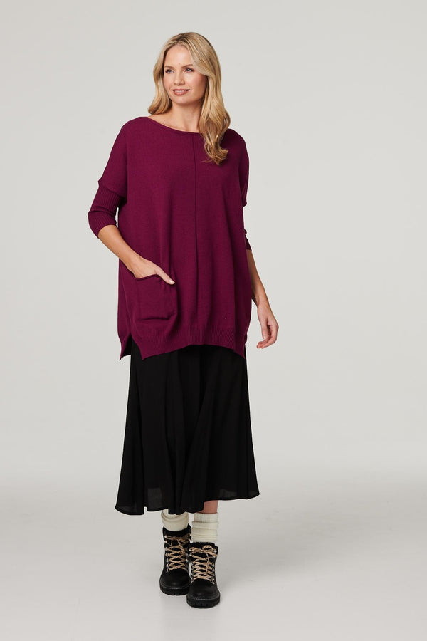 Purple | Boat Neck Pocket Detail Knit Top