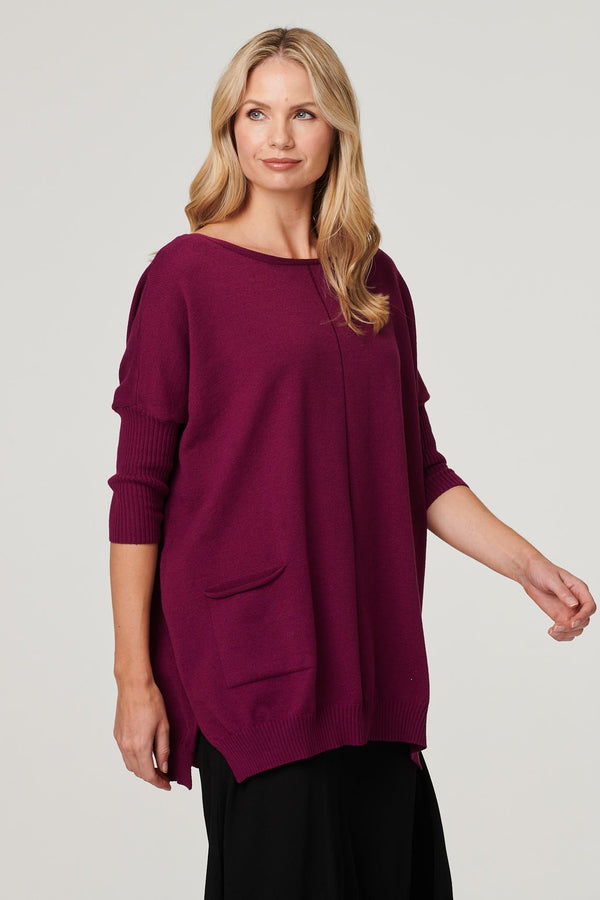 Purple | Boat Neck Pocket Detail Knit Top