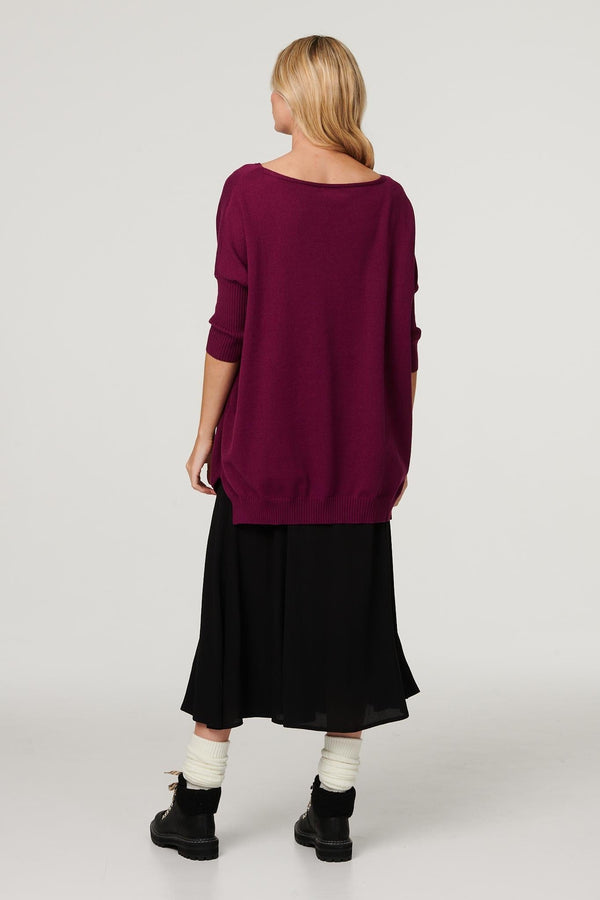 Purple | Boat Neck Pocket Detail Knit Top