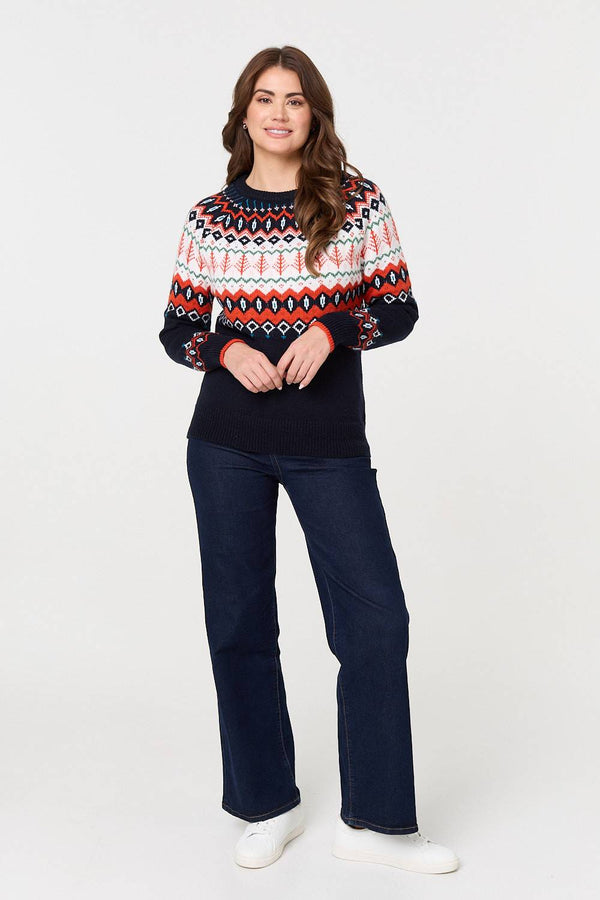 Navy | Ikat Print Long Sleeve Knitted Top

