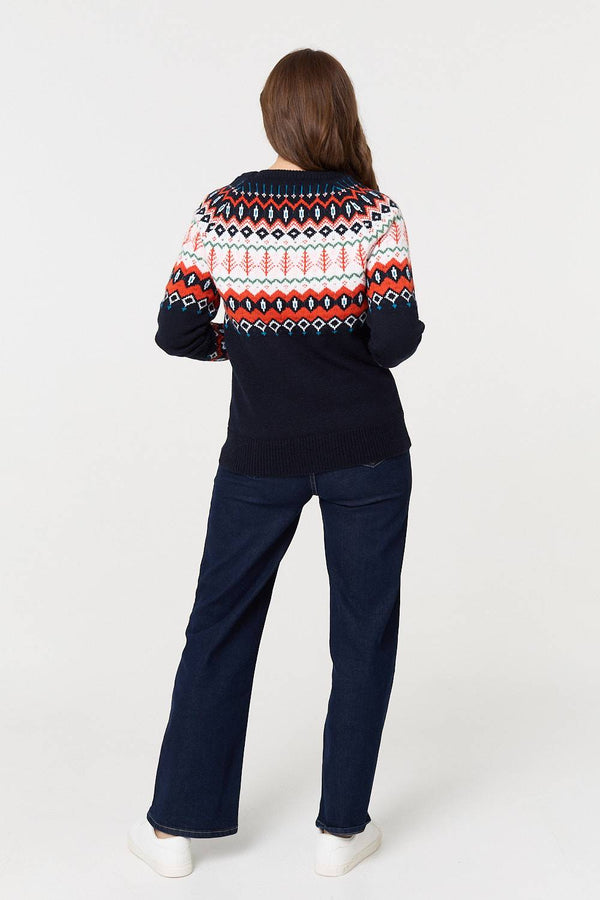 Navy | Ikat Print Long Sleeve Knitted Top
