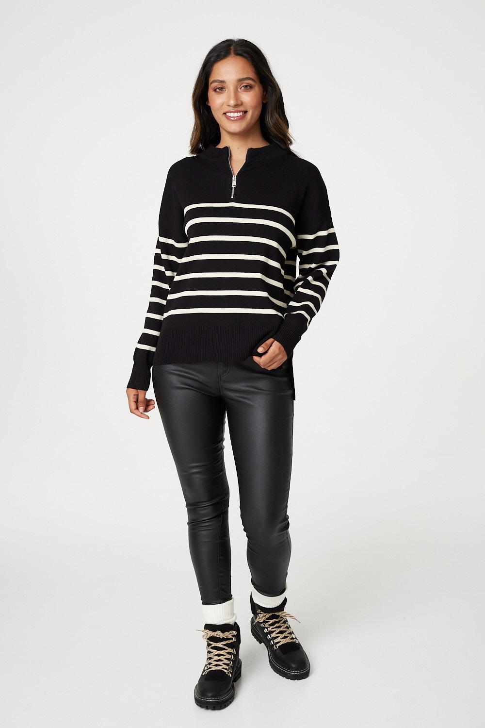 Black | Striped Zip Neck Knit Pullover