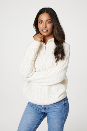 White | Cable Knit Zip Neck Knit Jumper : Model is 5'7.5"/171 cm and wears UK8/EU36/US4/AUS8