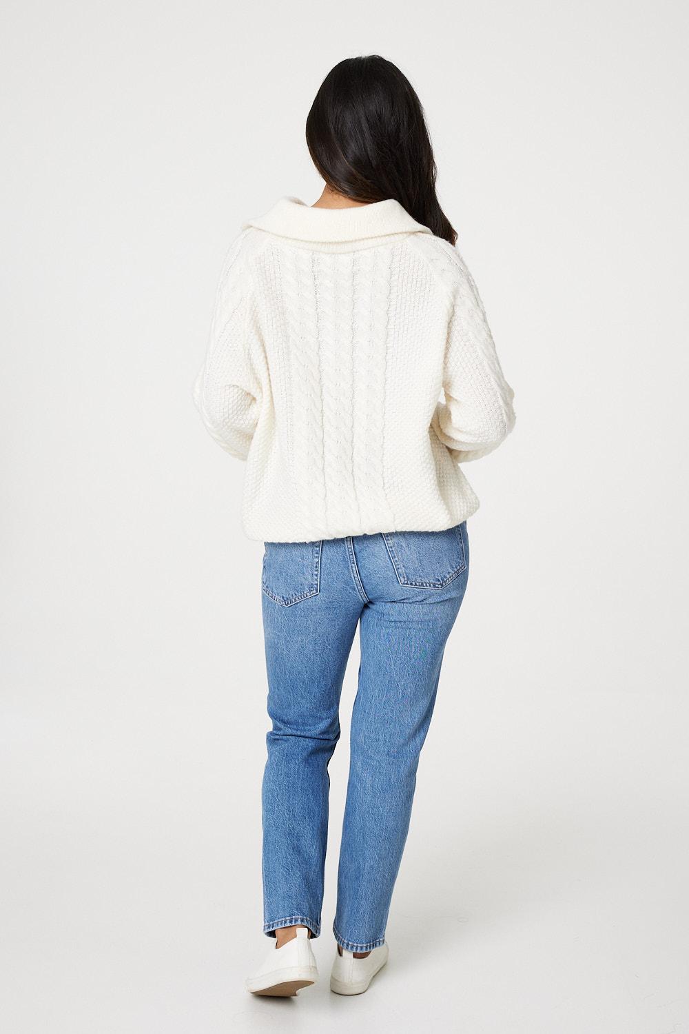 White | Cable Knit Zip Neck Knit Jumper