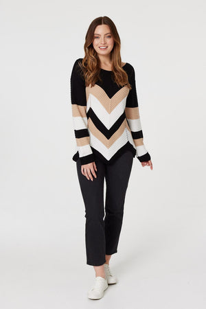 Beige | Chevron Print Ribbed Knit Top
