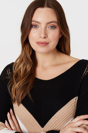 Beige | Chevron Print Ribbed Knit Top