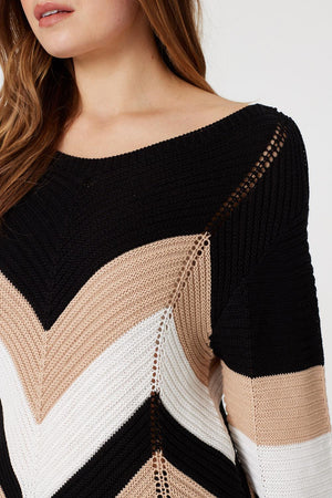 Beige | Chevron Print Ribbed Knit Top