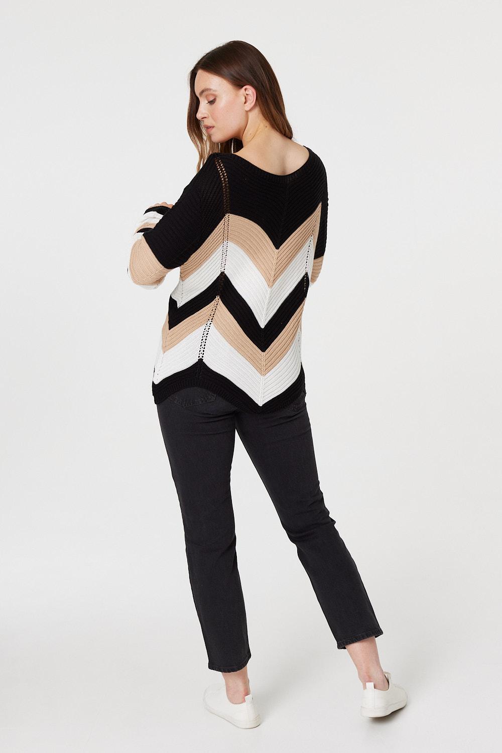 Beige | Chevron Print Ribbed Knit Top