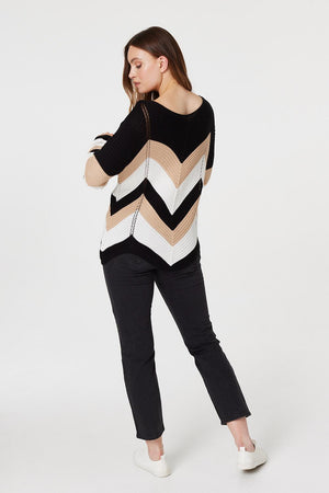 Beige | Chevron Print Ribbed Knit Top