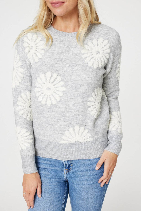 Grey | Floral Long Sleeve Knit Jumper