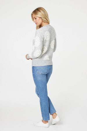 Grey | Floral Long Sleeve Knit Jumper