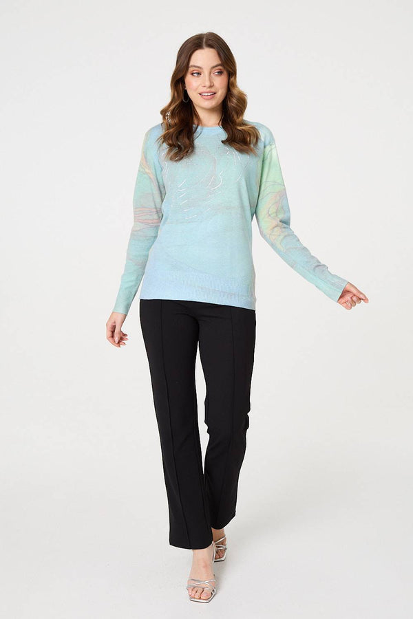 Green | Marble Print Metallic Relaxed Jumper
