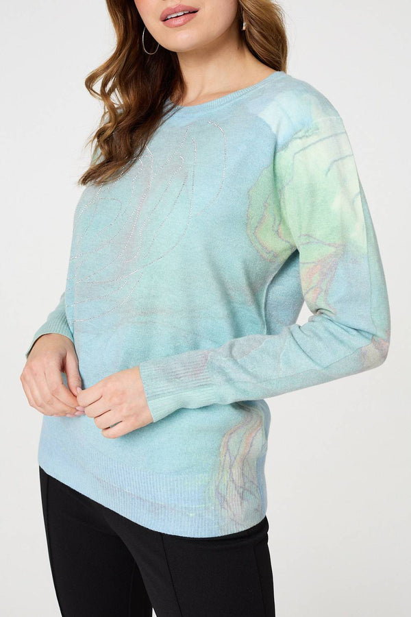 Green | Marble Print Metallic Relaxed Jumper
