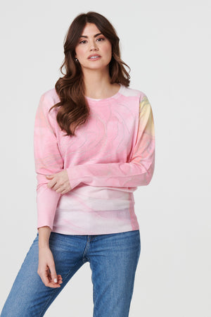 Pink | Marble Print Metallic Relaxed Jumper: Model is 5'9