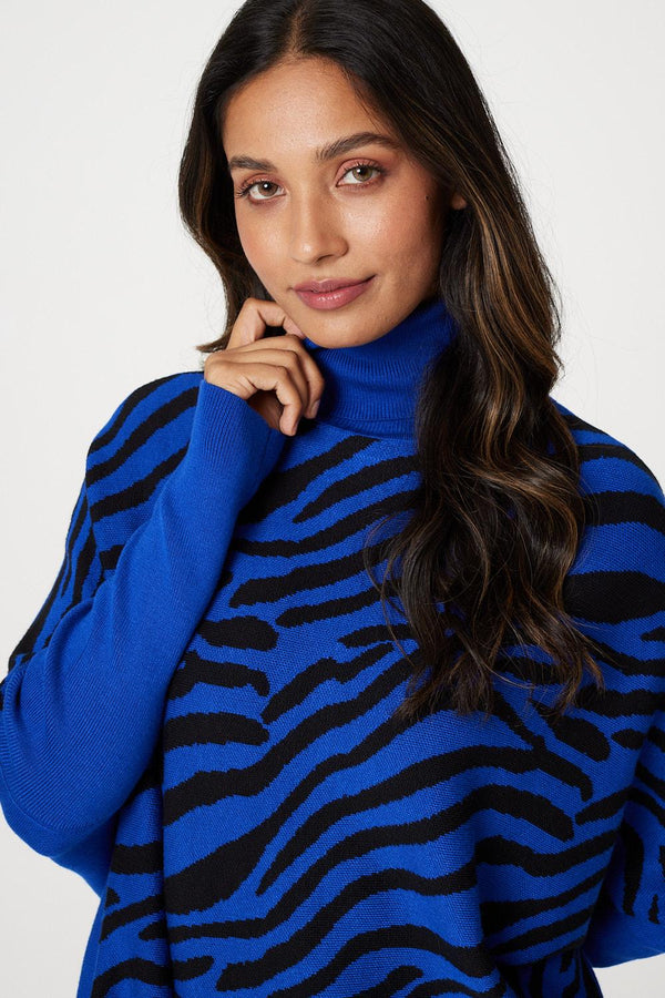 Blue | Printed High Neck Relaxed Knit Top