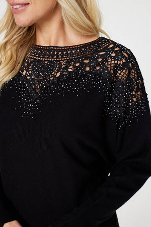 Black | Lace Detail Relaxed Fit Knit Top