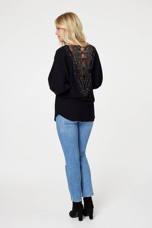 Black | Lace Back Relaxed Fit Knit Top