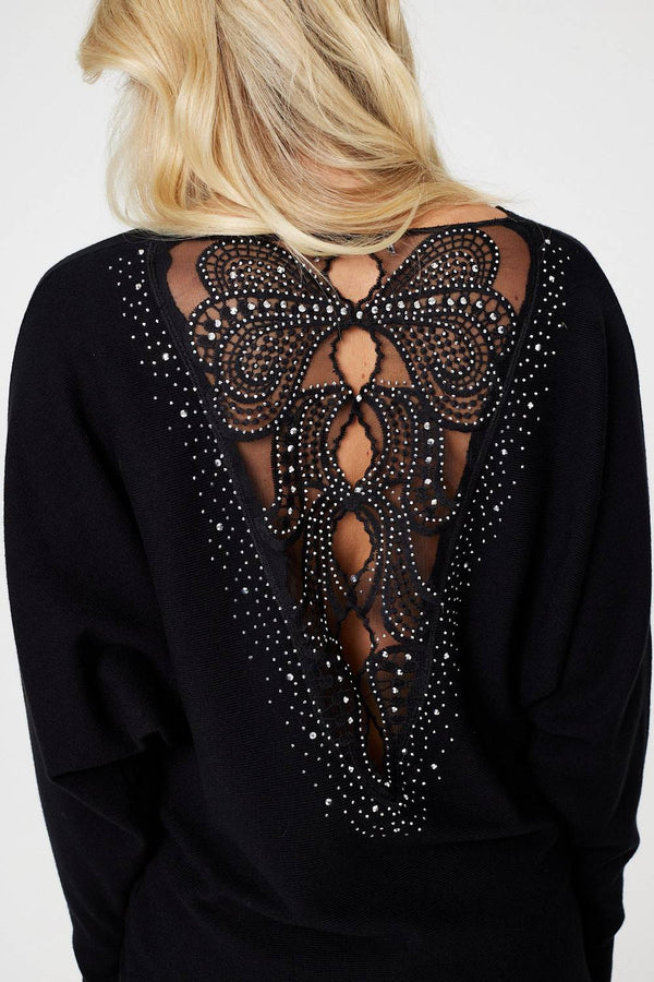 Black | Lace Back Relaxed Fit Knit Top