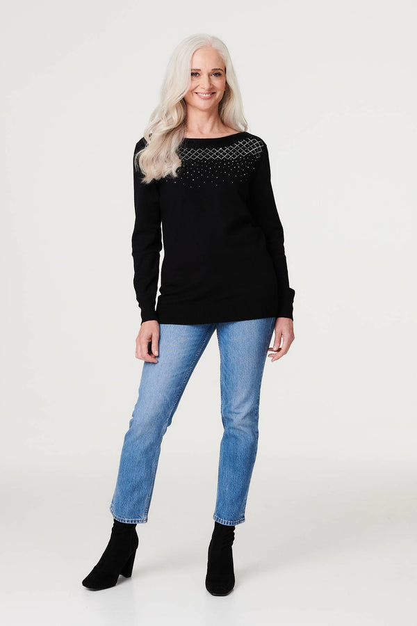 Black | Embellished Relaxed Knit Jumper