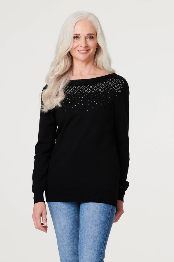 Black | Embellished Relaxed Knit Jumper