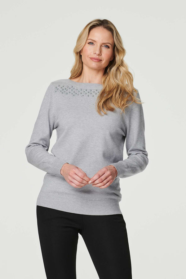 Grey | Embellished Relaxed Knit Jumper