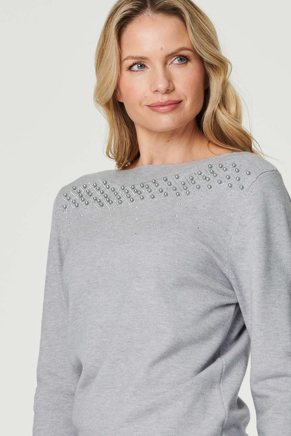 Grey | Embellished Relaxed Knit Jumper