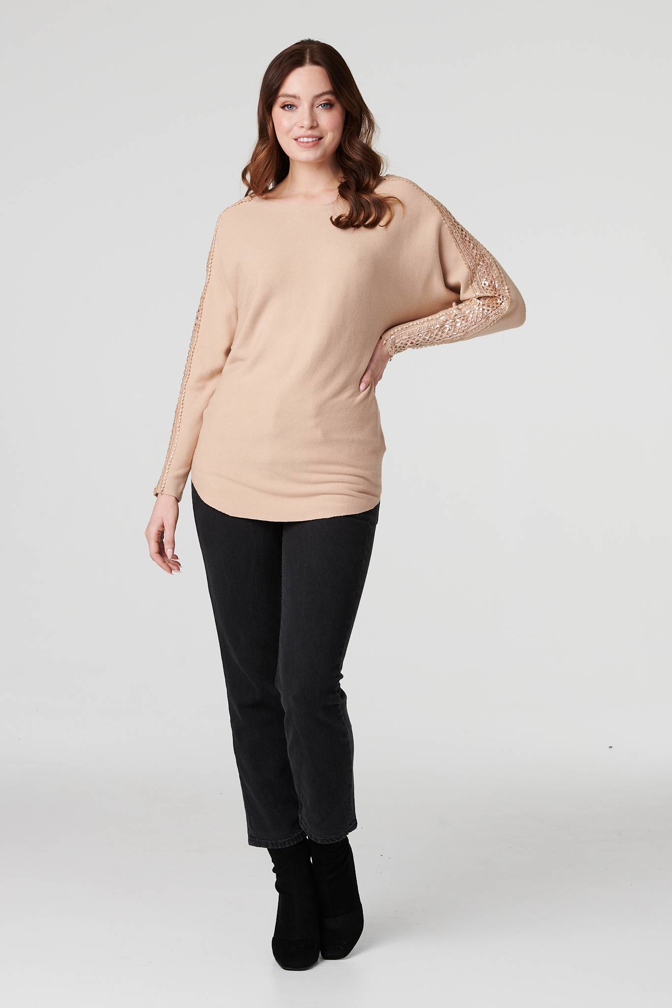 Beige | Metallic Lace Sleeve Knit Pullover