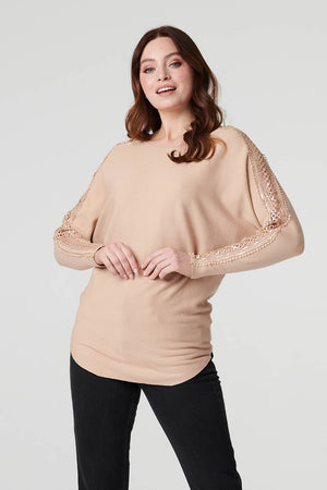 Beige | Sequin and Lace Sleeve Knit Pullover
