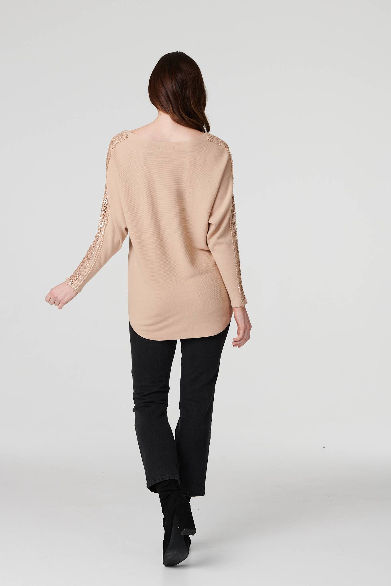 Beige | Sequin and Lace Sleeve Knit Pullover